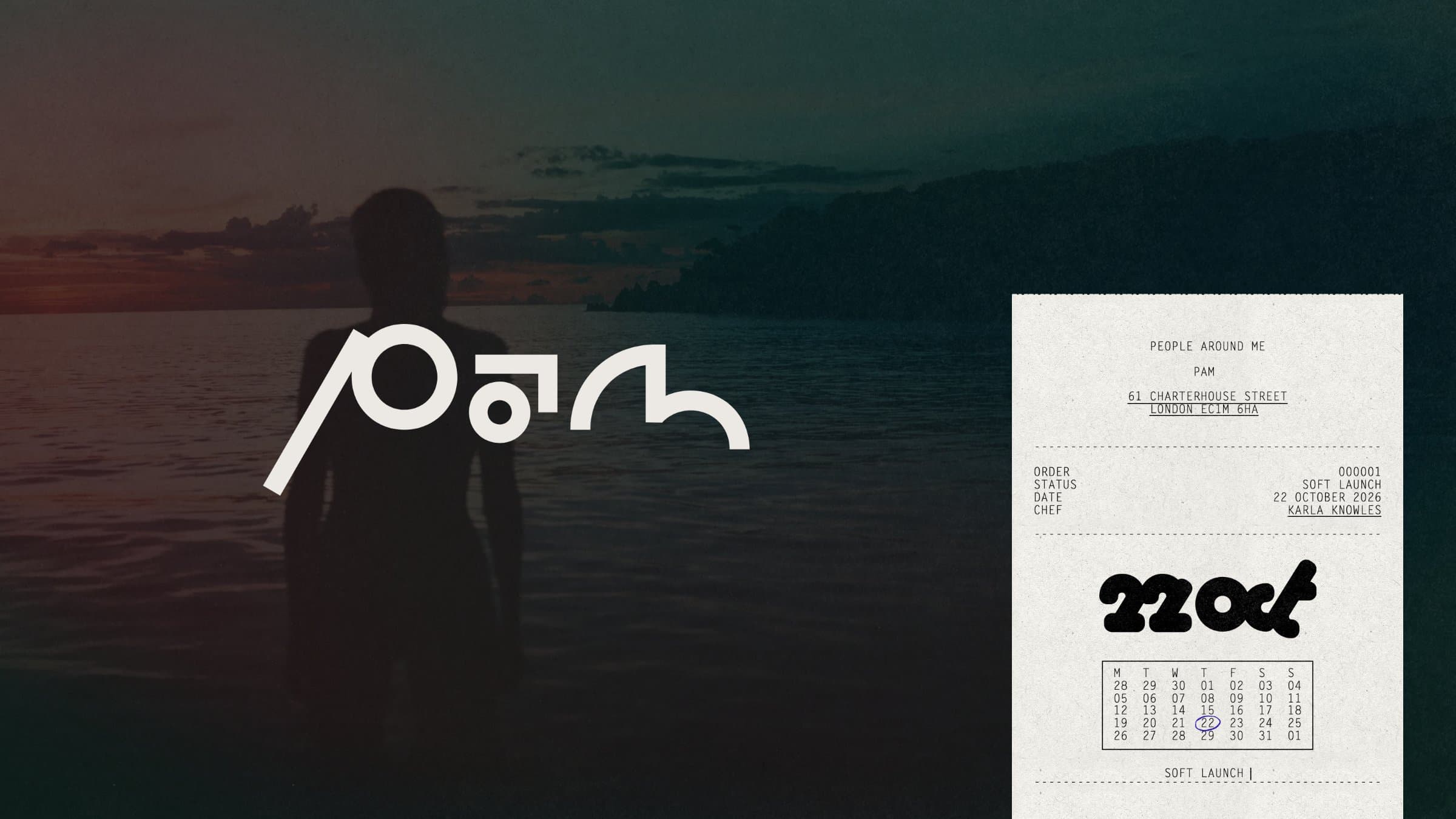 The PAM site: the receipt with ASCII cutlery and a clock drawn in characters, beside the PAM logotype over a sunset film